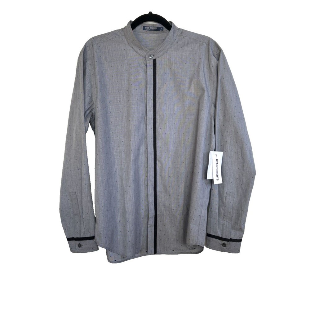 RYAN ROBERTS Oliver Banded Collar Shirt Gray/Black Dot Men L/S Size M Rare NEW